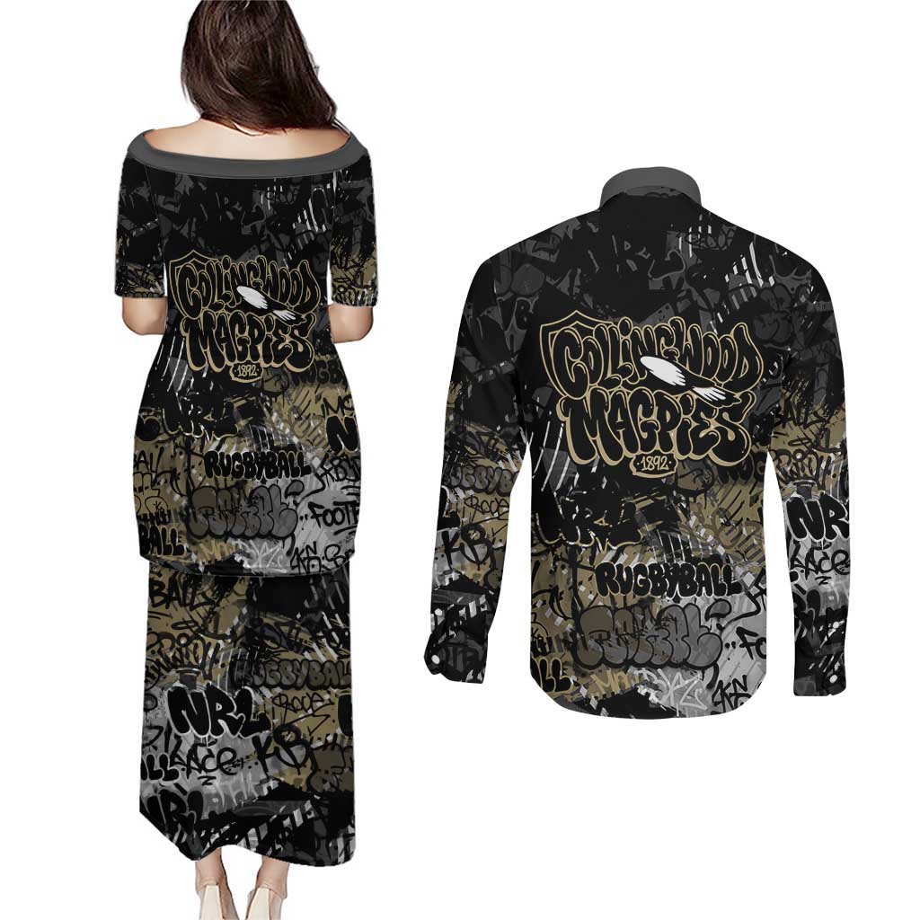 Collingwood Magpies Couples Matching Puletasi and Long Sleeve Button Shirt Urban Graffiti Street Art - Bold Abstract Spray Paint