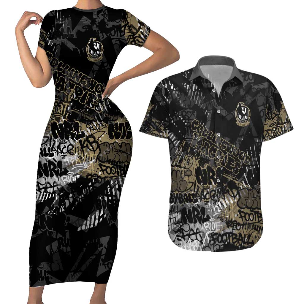 Collingwood Magpies Couples Matching Short Sleeve Bodycon Dress and Hawaiian Shirt Urban Graffiti Street Art - Bold Abstract Spray Paint