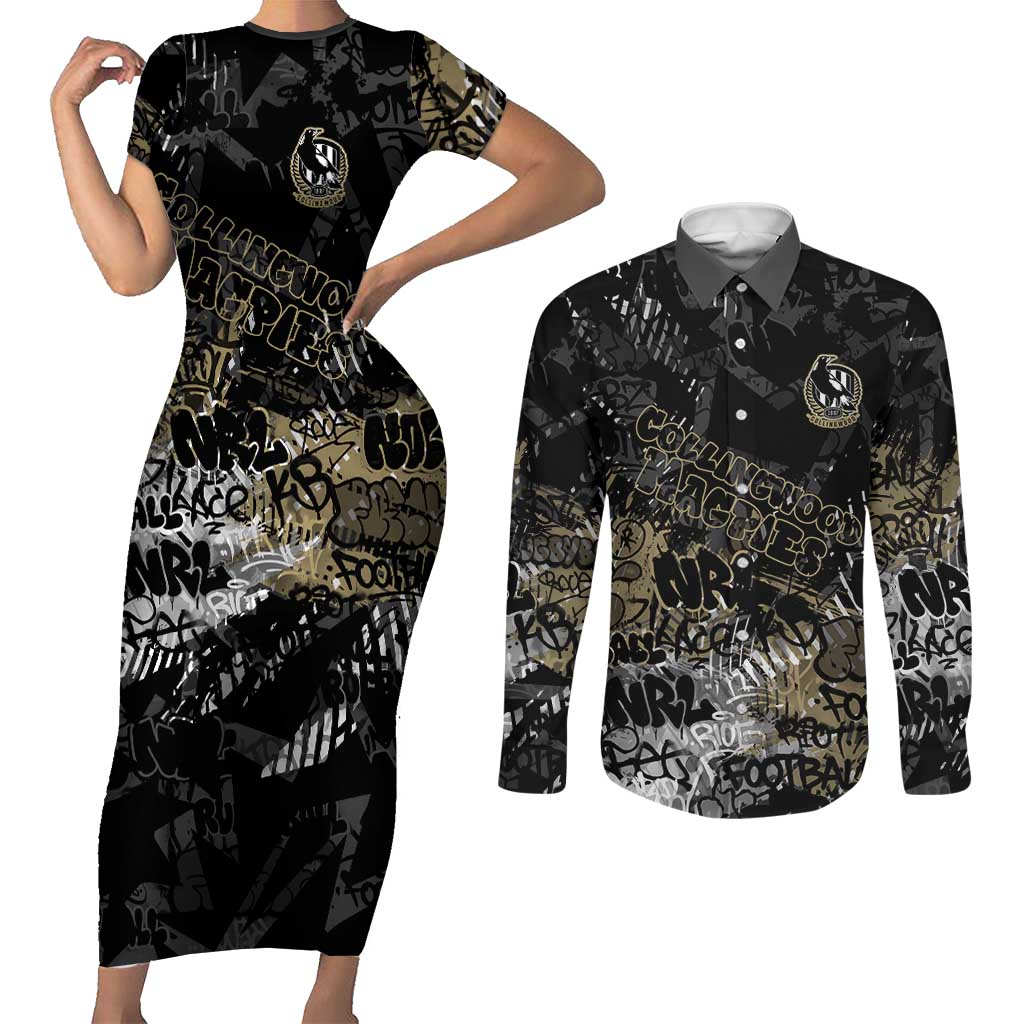 Collingwood Magpies Couples Matching Short Sleeve Bodycon Dress and Long Sleeve Button Shirt Urban Graffiti Street Art - Bold Abstract Spray Paint