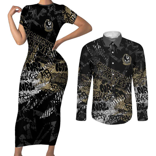 Collingwood Magpies Couples Matching Short Sleeve Bodycon Dress and Long Sleeve Button Shirt Urban Graffiti Street Art - Bold Abstract Spray Paint