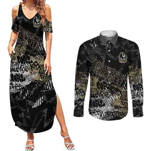 Collingwood Magpies Couples Matching Summer Maxi Dress and Long Sleeve Button Shirt Urban Graffiti Street Art - Bold Abstract Spray Paint