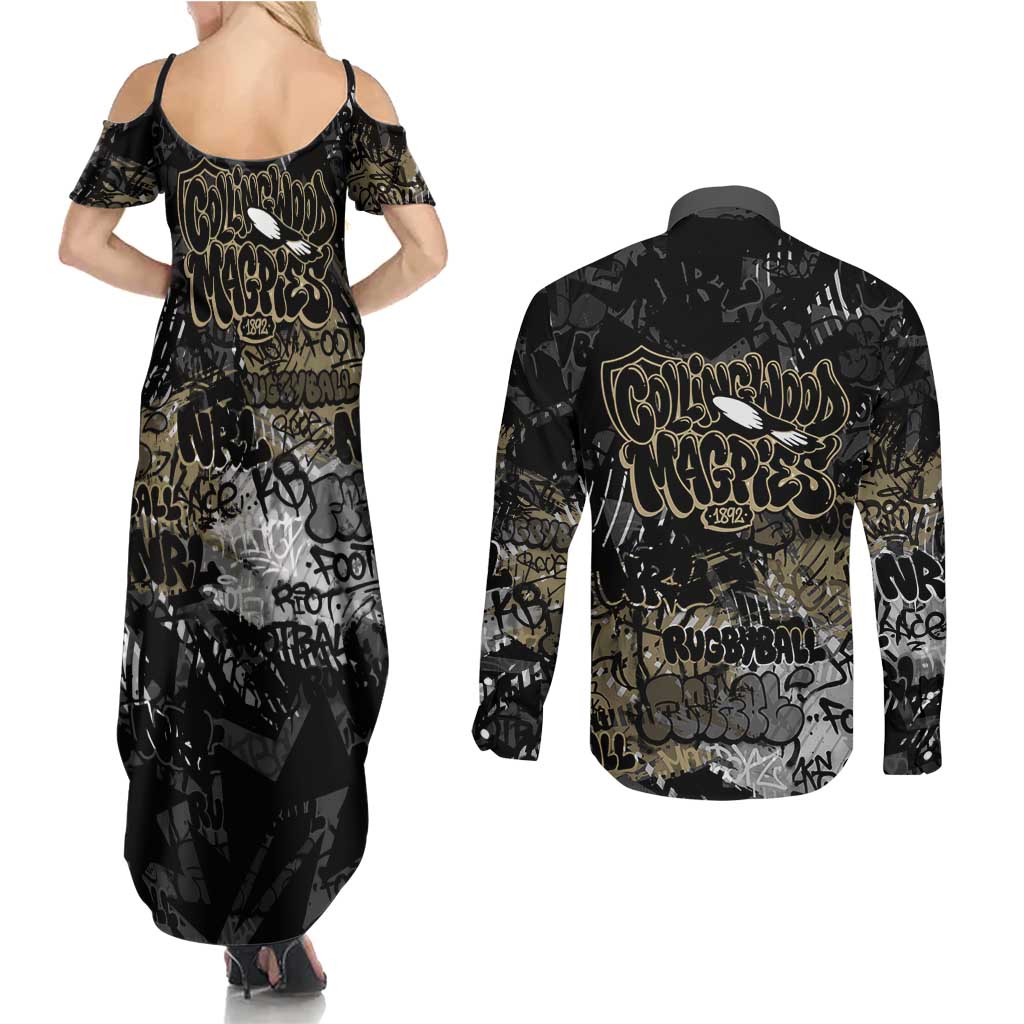 Collingwood Magpies Couples Matching Summer Maxi Dress and Long Sleeve Button Shirt Urban Graffiti Street Art - Bold Abstract Spray Paint