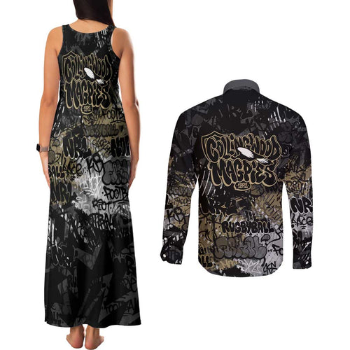 Collingwood Magpies Couples Matching Tank Maxi Dress and Long Sleeve Button Shirt Urban Graffiti Street Art - Bold Abstract Spray Paint