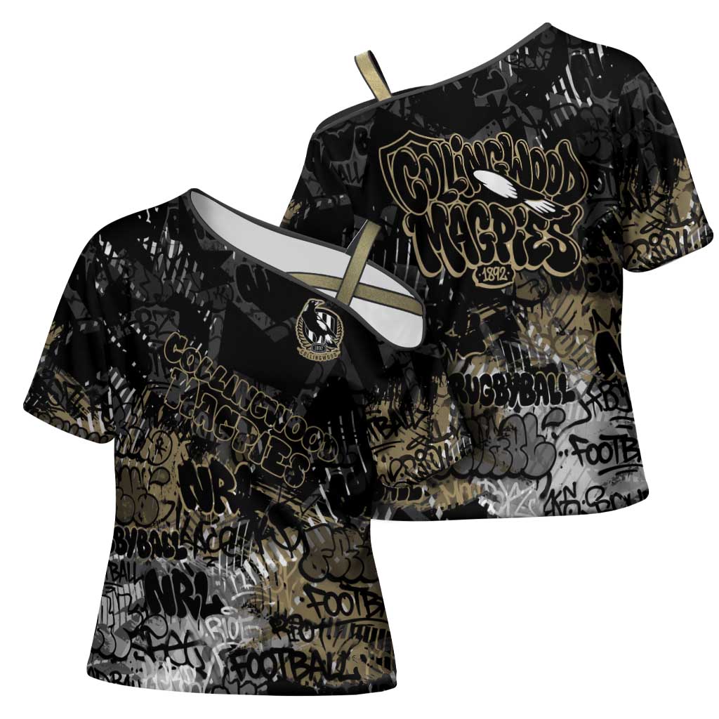 Collingwood Magpies Cross Shoulder Shirt Urban Graffiti Street Art - Bold Abstract Spray Paint