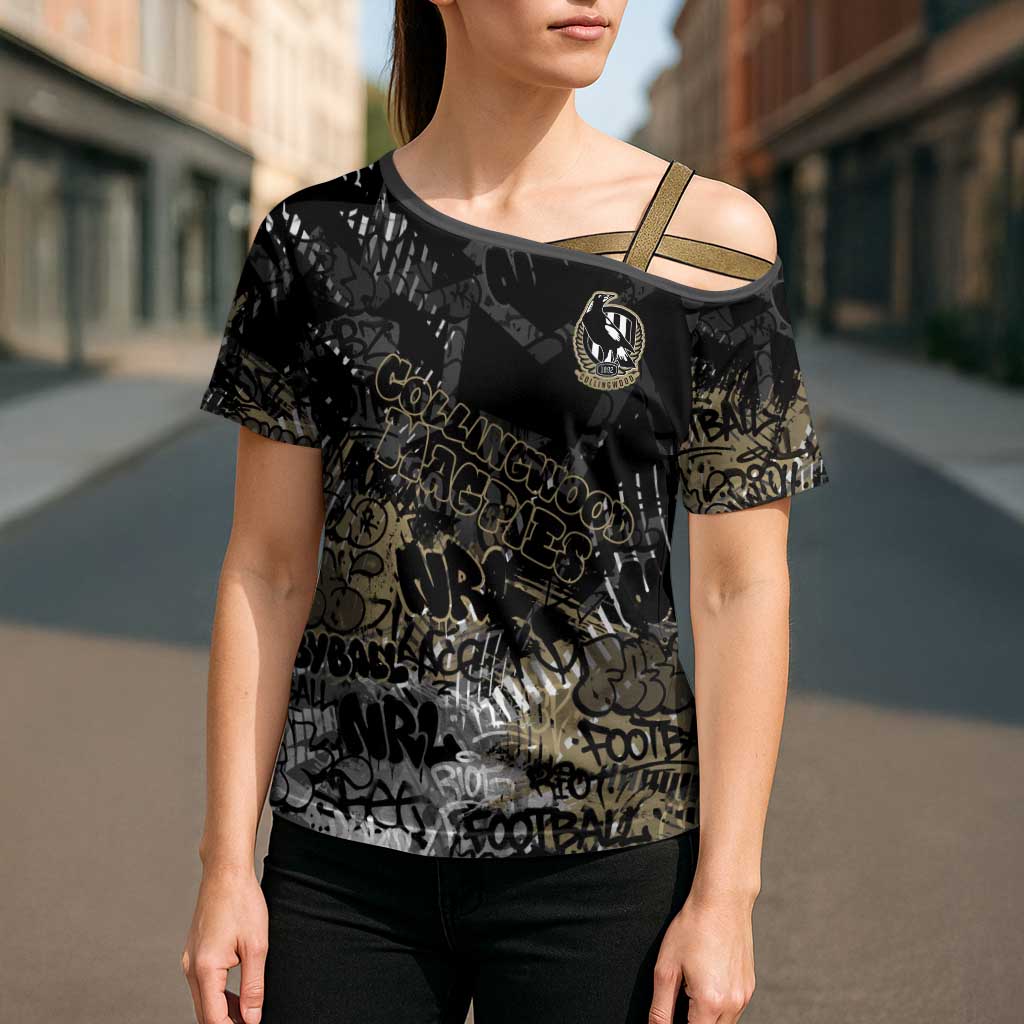 Collingwood Magpies Cross Shoulder Shirt Urban Graffiti Street Art - Bold Abstract Spray Paint