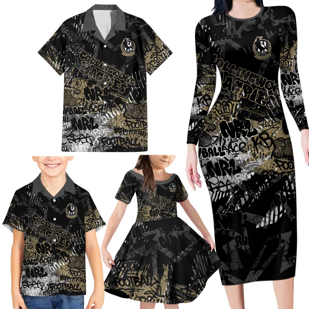 Collingwood Magpies Family Matching Long Sleeve Bodycon Dress and Hawaiian Shirt Urban Graffiti Street Art - Bold Abstract Spray Paint