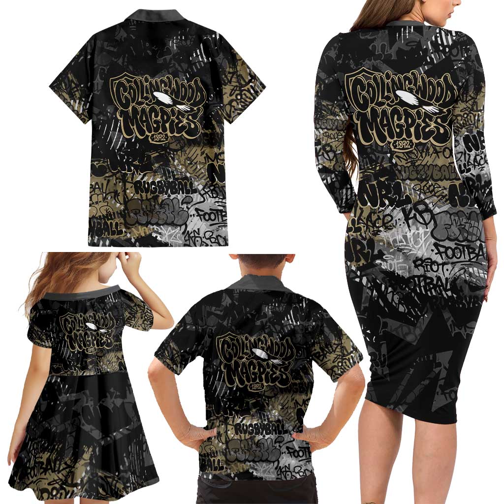 Collingwood Magpies Family Matching Long Sleeve Bodycon Dress and Hawaiian Shirt Urban Graffiti Street Art - Bold Abstract Spray Paint