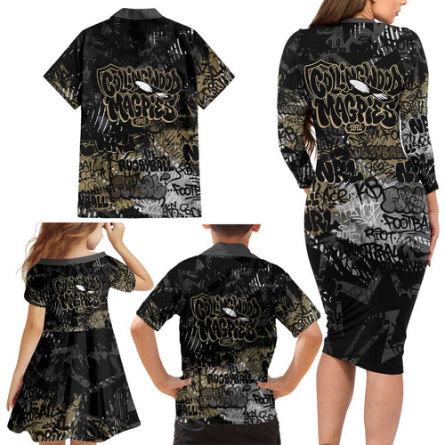 Collingwood Magpies Family Matching Long Sleeve Bodycon Dress and Hawaiian Shirt Urban Graffiti Street Art - Bold Abstract Spray Paint