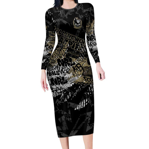 Collingwood Magpies Family Matching Long Sleeve Bodycon Dress and Hawaiian Shirt Urban Graffiti Street Art - Bold Abstract Spray Paint