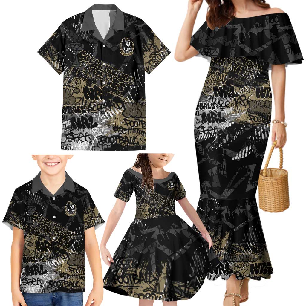 Collingwood Magpies Family Matching Mermaid Dress and Hawaiian Shirt Urban Graffiti Street Art - Bold Abstract Spray Paint