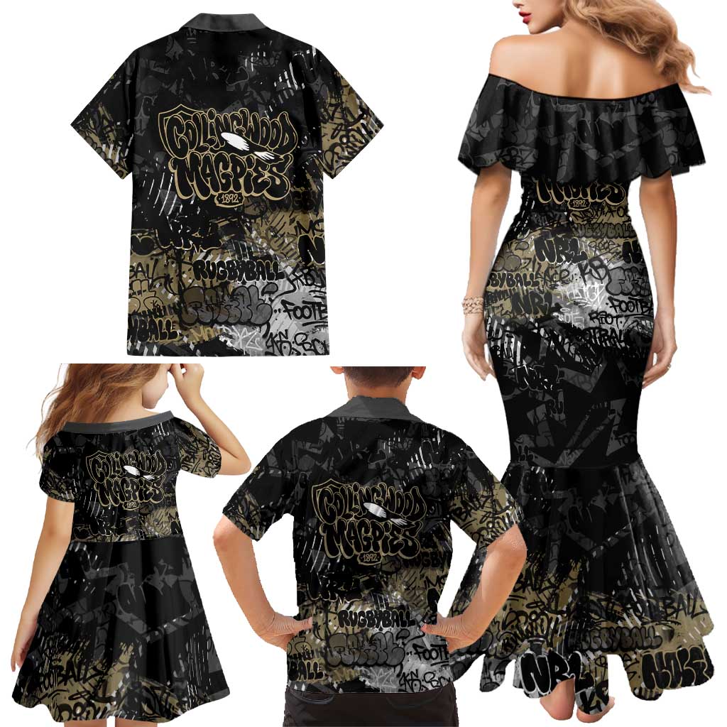 Collingwood Magpies Family Matching Mermaid Dress and Hawaiian Shirt Urban Graffiti Street Art - Bold Abstract Spray Paint