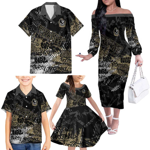 Collingwood Magpies Family Matching Off The Shoulder Long Sleeve Dress and Hawaiian Shirt Urban Graffiti Street Art - Bold Abstract Spray Paint