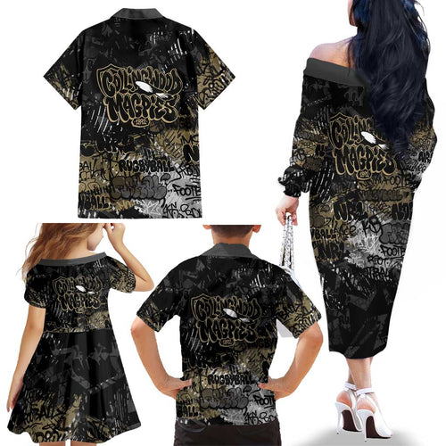 Collingwood Magpies Family Matching Off The Shoulder Long Sleeve Dress and Hawaiian Shirt Urban Graffiti Street Art - Bold Abstract Spray Paint