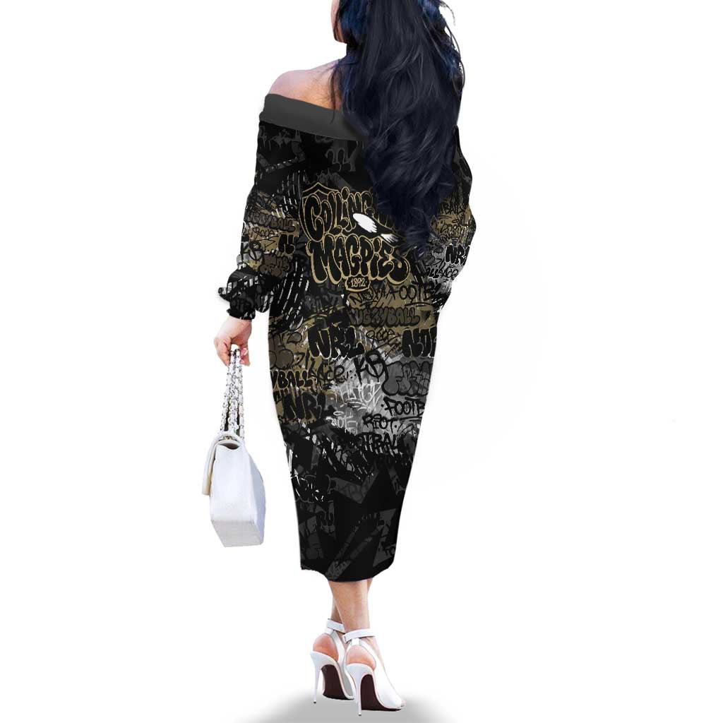 Collingwood Magpies Family Matching Off The Shoulder Long Sleeve Dress and Hawaiian Shirt Urban Graffiti Street Art - Bold Abstract Spray Paint