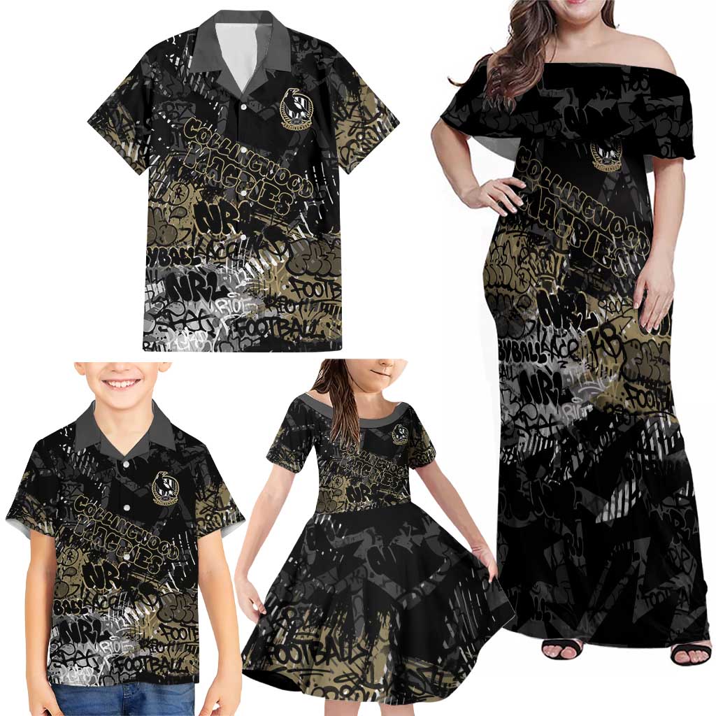 Collingwood Magpies Family Matching Off Shoulder Maxi Dress and Hawaiian Shirt Urban Graffiti Street Art - Bold Abstract Spray Paint