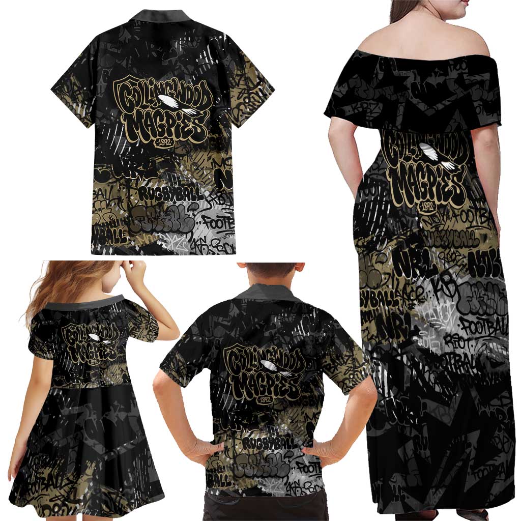 Collingwood Magpies Family Matching Off Shoulder Maxi Dress and Hawaiian Shirt Urban Graffiti Street Art - Bold Abstract Spray Paint