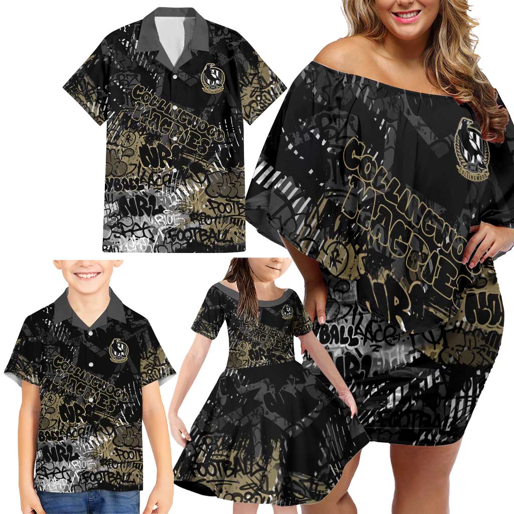 Collingwood Magpies Family Matching Off Shoulder Short Dress and Hawaiian Shirt Urban Graffiti Street Art - Bold Abstract Spray Paint