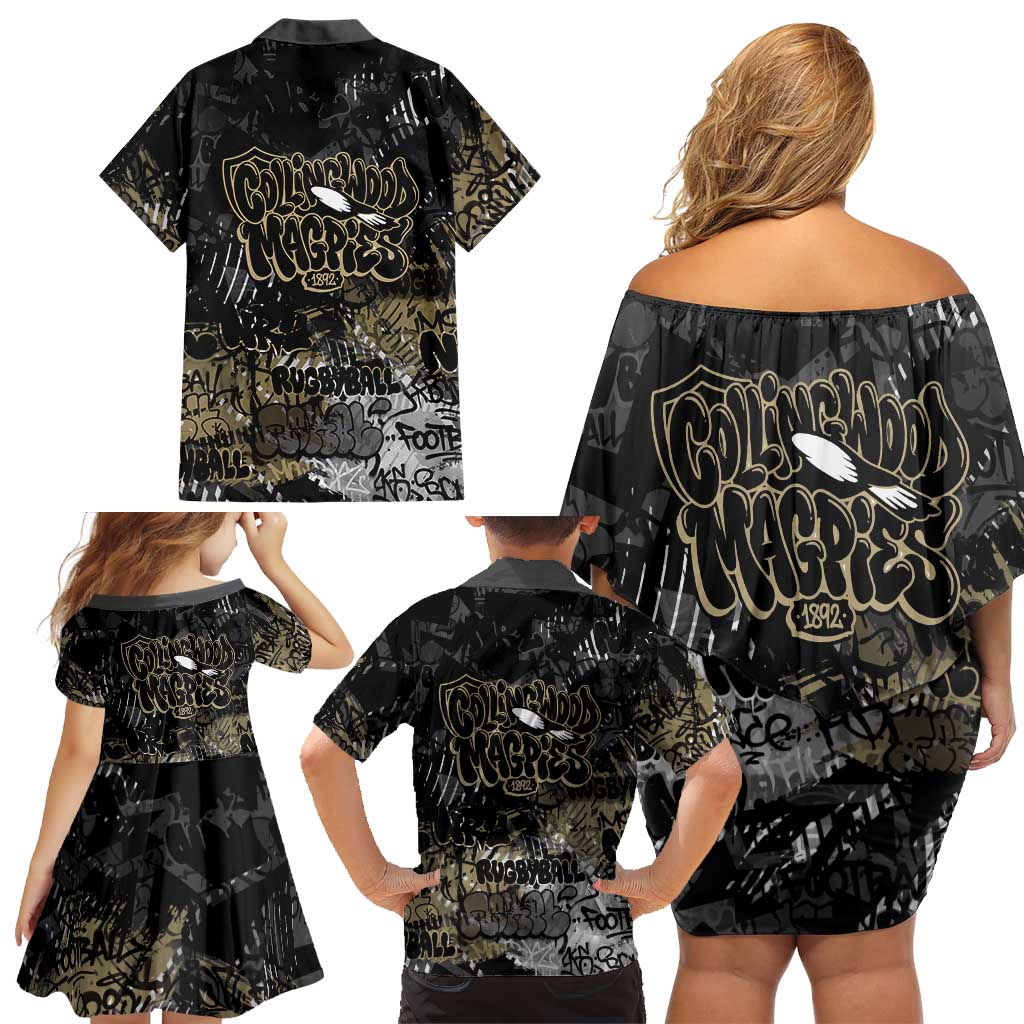 Collingwood Magpies Family Matching Off Shoulder Short Dress and Hawaiian Shirt Urban Graffiti Street Art - Bold Abstract Spray Paint