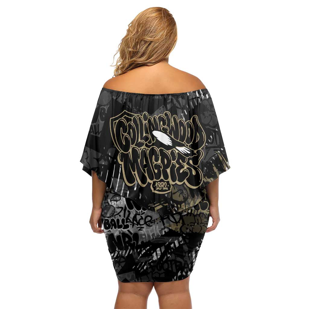 Collingwood Magpies Family Matching Off Shoulder Short Dress and Hawaiian Shirt Urban Graffiti Street Art - Bold Abstract Spray Paint