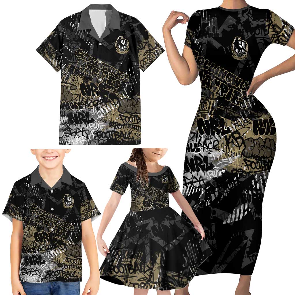Collingwood Magpies Family Matching Short Sleeve Bodycon Dress and Hawaiian Shirt Urban Graffiti Street Art - Bold Abstract Spray Paint