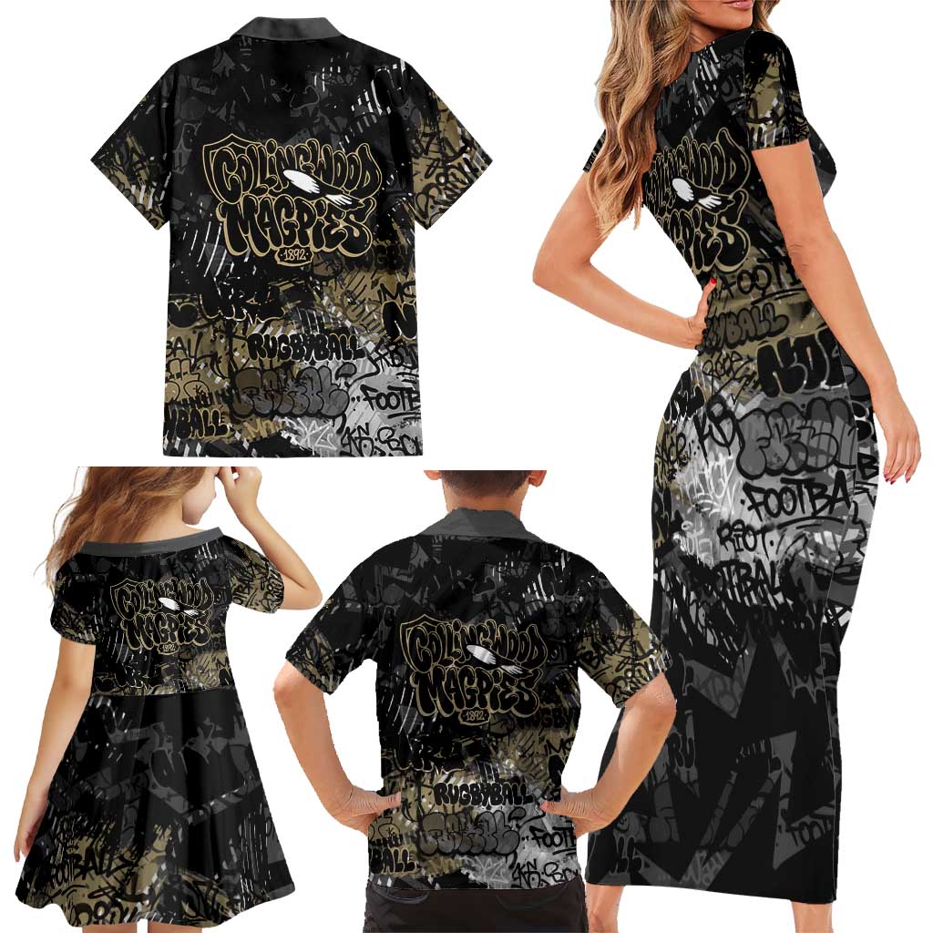 Collingwood Magpies Family Matching Short Sleeve Bodycon Dress and Hawaiian Shirt Urban Graffiti Street Art - Bold Abstract Spray Paint