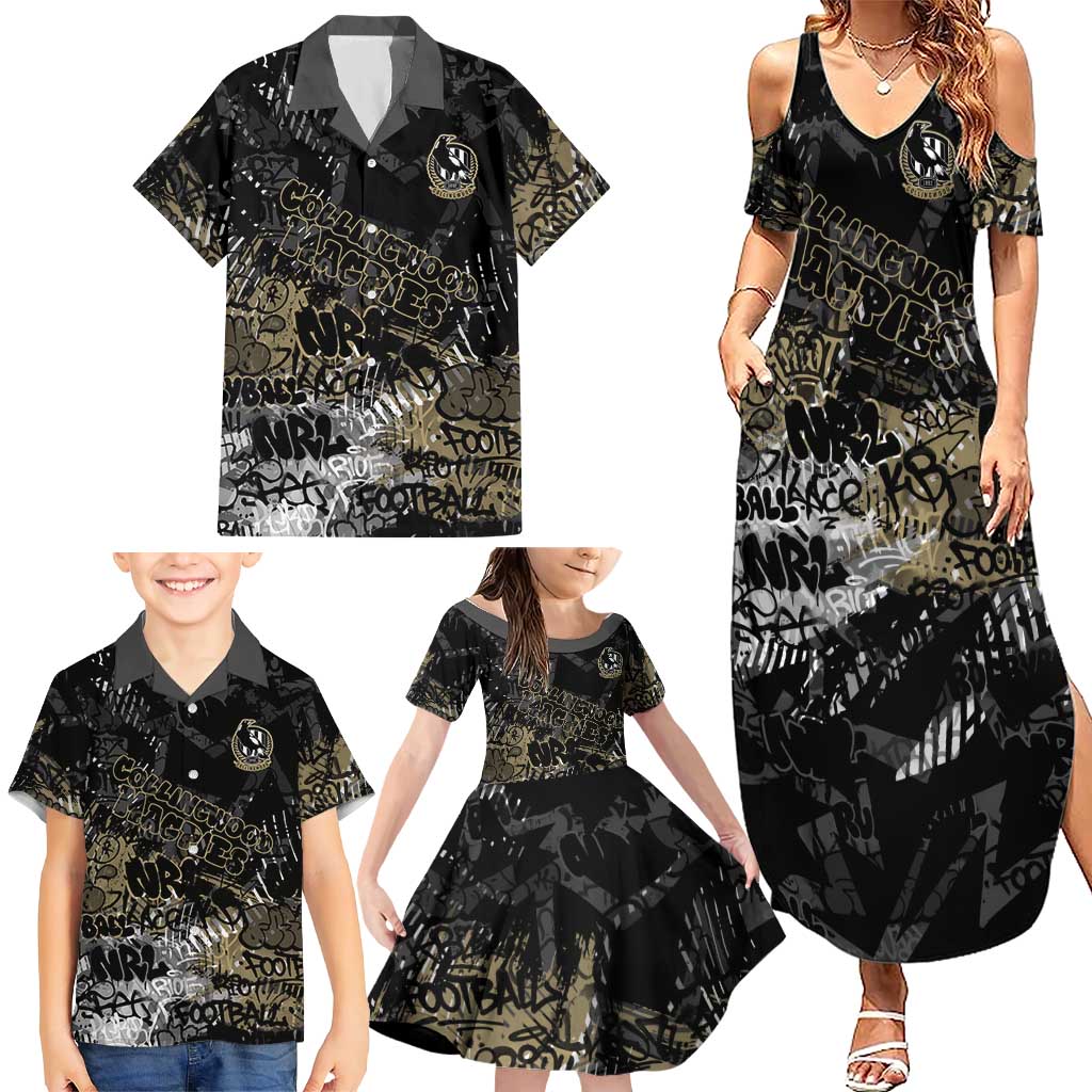 Collingwood Magpies Family Matching Summer Maxi Dress and Hawaiian Shirt Urban Graffiti Street Art - Bold Abstract Spray Paint