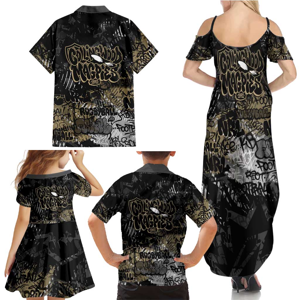 Collingwood Magpies Family Matching Summer Maxi Dress and Hawaiian Shirt Urban Graffiti Street Art - Bold Abstract Spray Paint