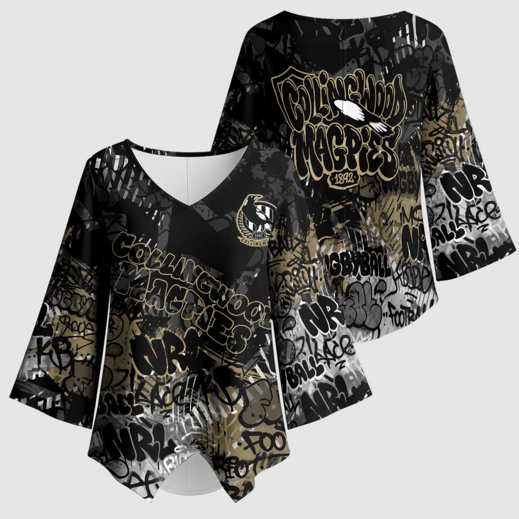 Collingwood Magpies Kimono Sleeve Blouse Urban Graffiti Street Art - Bold Abstract Spray Paint