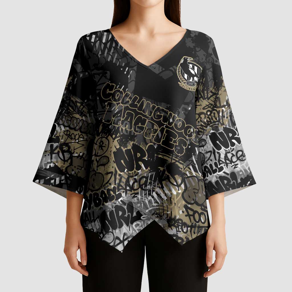 Collingwood Magpies Kimono Sleeve Blouse Urban Graffiti Street Art - Bold Abstract Spray Paint