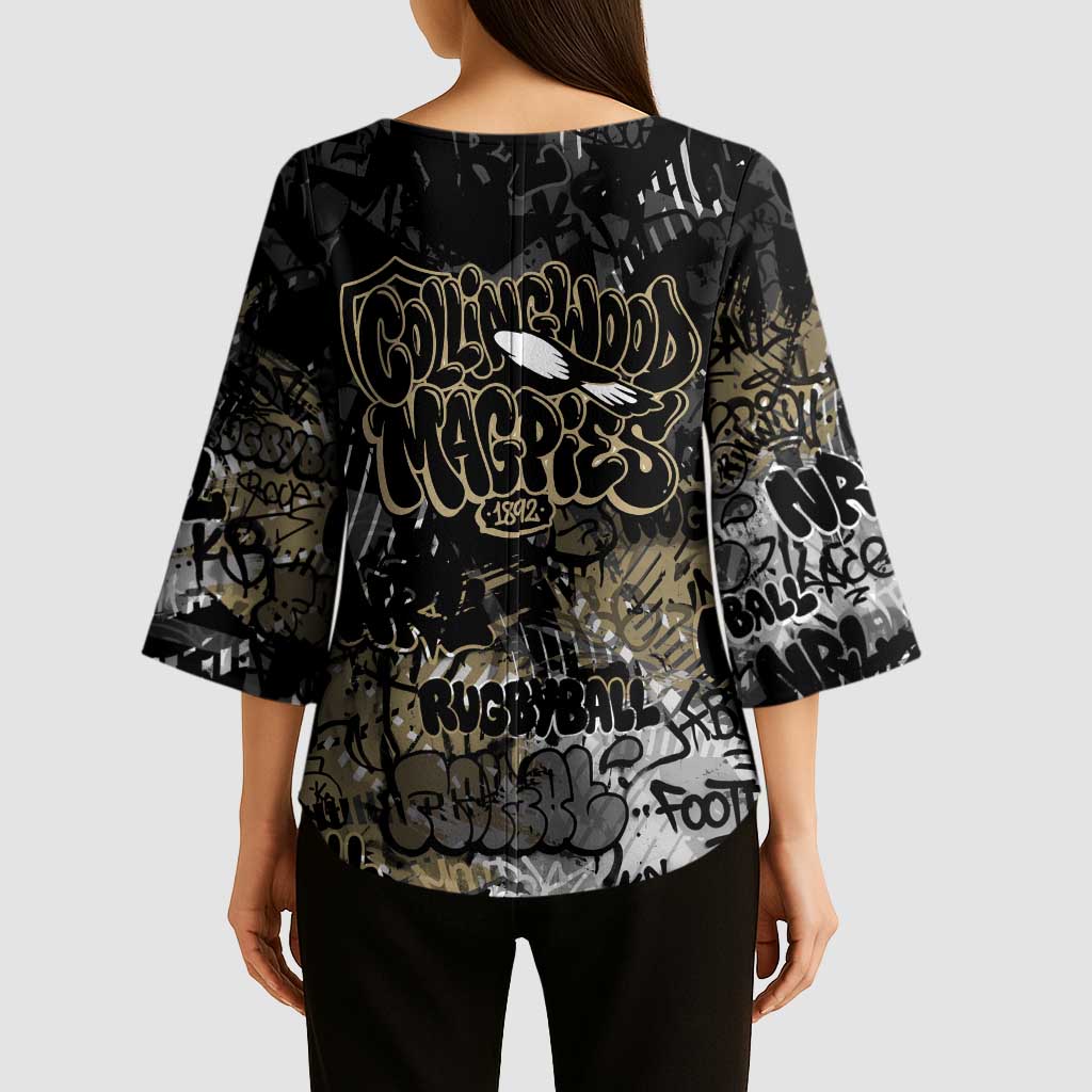 Collingwood Magpies Kimono Sleeve Blouse Urban Graffiti Street Art - Bold Abstract Spray Paint