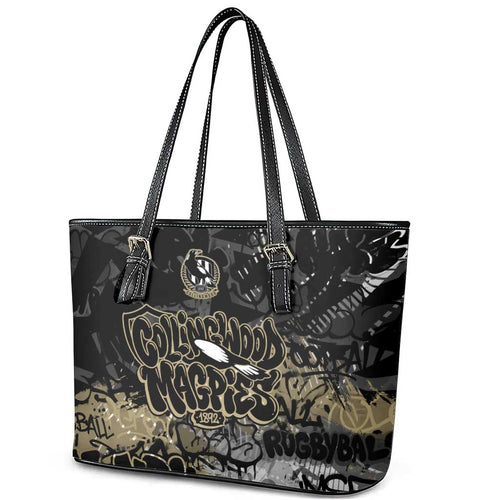 Collingwood Magpies Leather Tote Bag Urban Graffiti Street Art - Bold Abstract Spray Paint