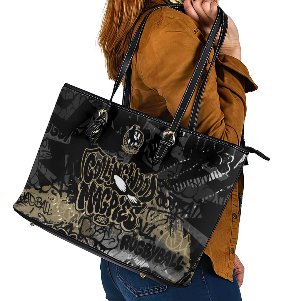 Collingwood Magpies Leather Tote Bag Urban Graffiti Street Art - Bold Abstract Spray Paint