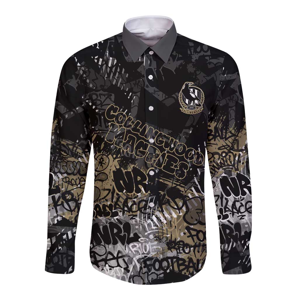 Collingwood Magpies Long Sleeve Button Shirt Urban Graffiti Street Art - Bold Abstract Spray Paint