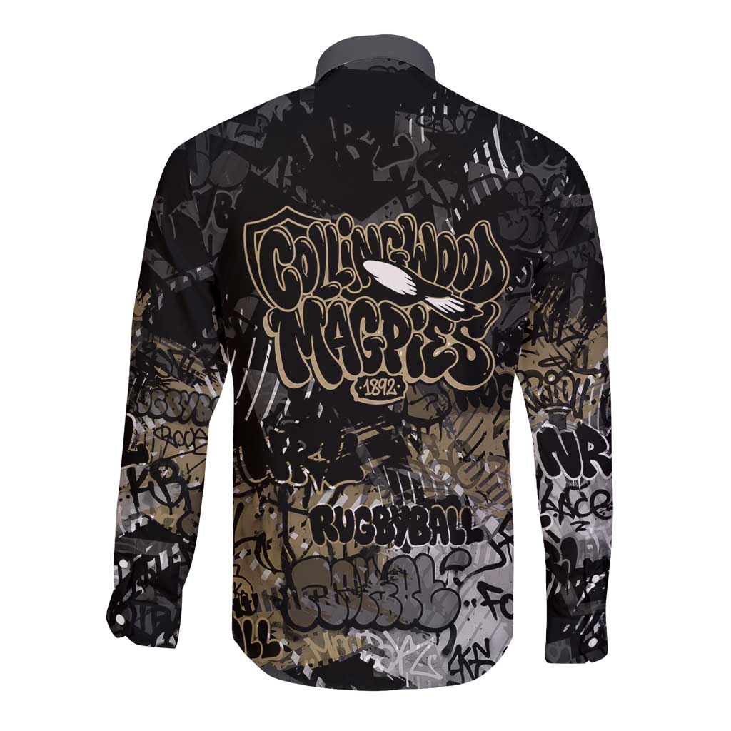 Collingwood Magpies Long Sleeve Button Shirt Urban Graffiti Street Art - Bold Abstract Spray Paint