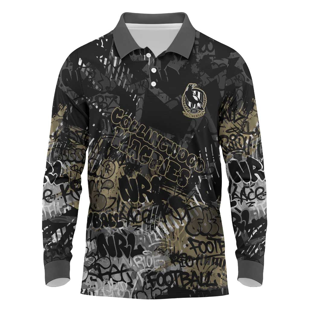 Collingwood Magpies Long Sleeve Polo Shirt Urban Graffiti Street Art - Bold Abstract Spray Paint