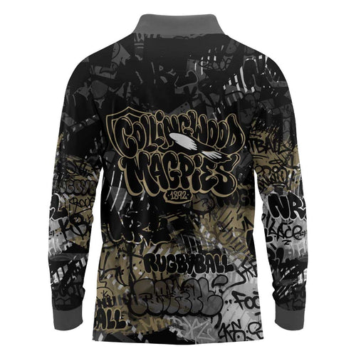 Collingwood Magpies Long Sleeve Polo Shirt Urban Graffiti Street Art - Bold Abstract Spray Paint