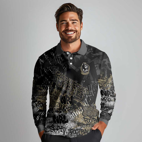 Collingwood Magpies Long Sleeve Polo Shirt Urban Graffiti Street Art - Bold Abstract Spray Paint