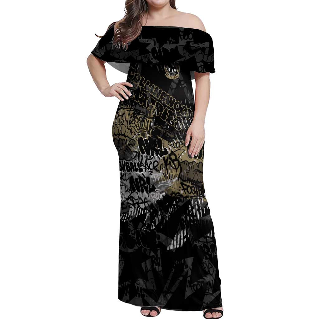 Collingwood Magpies Off Shoulder Maxi Dress Urban Graffiti Street Art - Bold Abstract Spray Paint