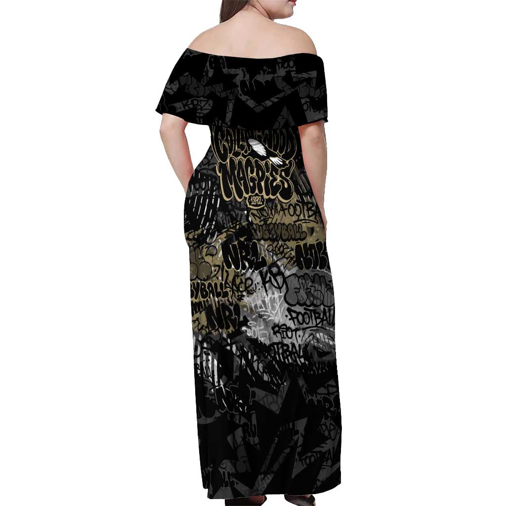 Collingwood Magpies Off Shoulder Maxi Dress Urban Graffiti Street Art - Bold Abstract Spray Paint