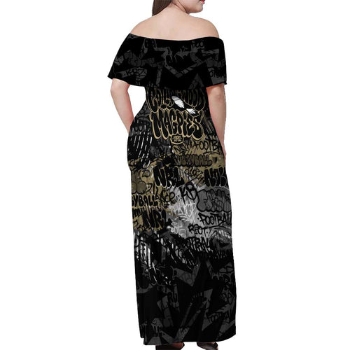 Collingwood Magpies Off Shoulder Maxi Dress Urban Graffiti Street Art - Bold Abstract Spray Paint