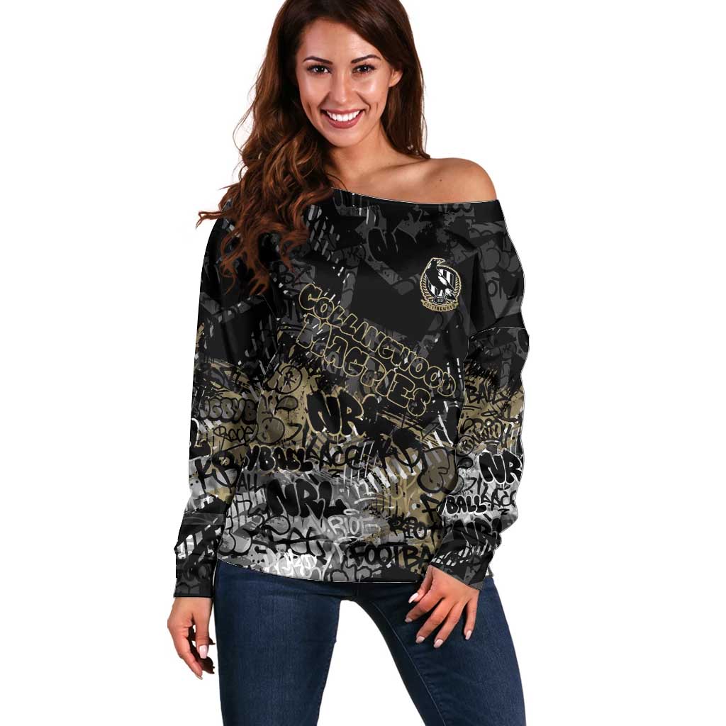 Collingwood Magpies Off Shoulder Sweater Urban Graffiti Street Art - Bold Abstract Spray Paint