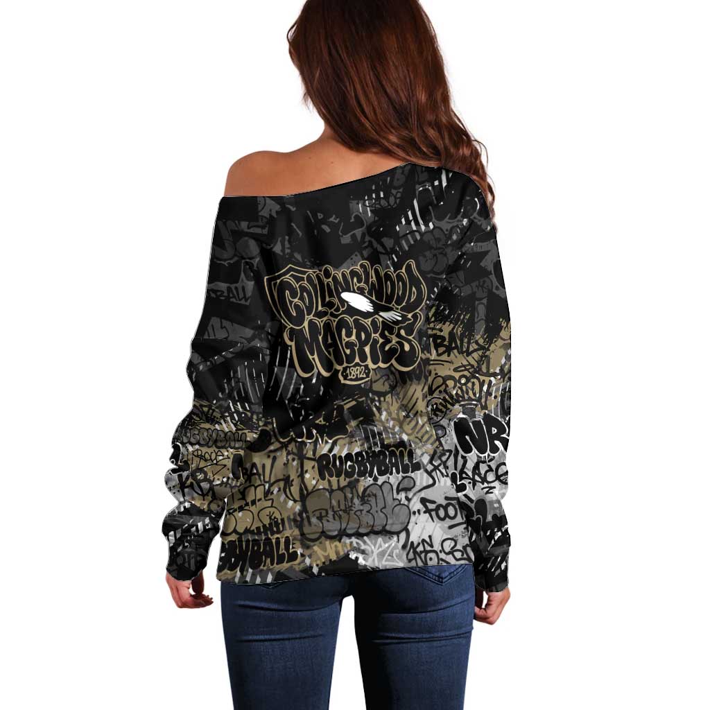 Collingwood Magpies Off Shoulder Sweater Urban Graffiti Street Art - Bold Abstract Spray Paint