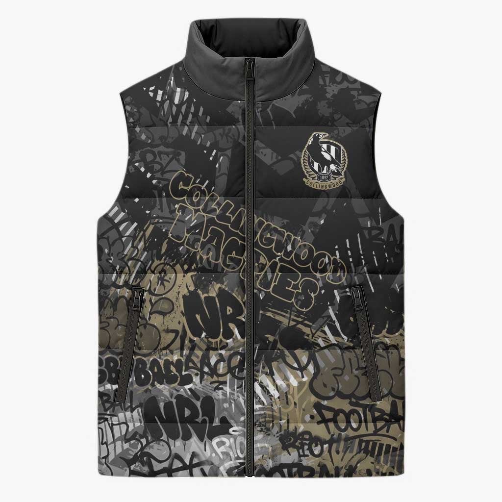 Collingwood Magpies Sleeveless Puffer Jacket Urban Graffiti Street Art - Bold Abstract Spray Paint