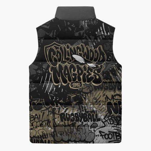 Collingwood Magpies Sleeveless Puffer Jacket Urban Graffiti Street Art - Bold Abstract Spray Paint