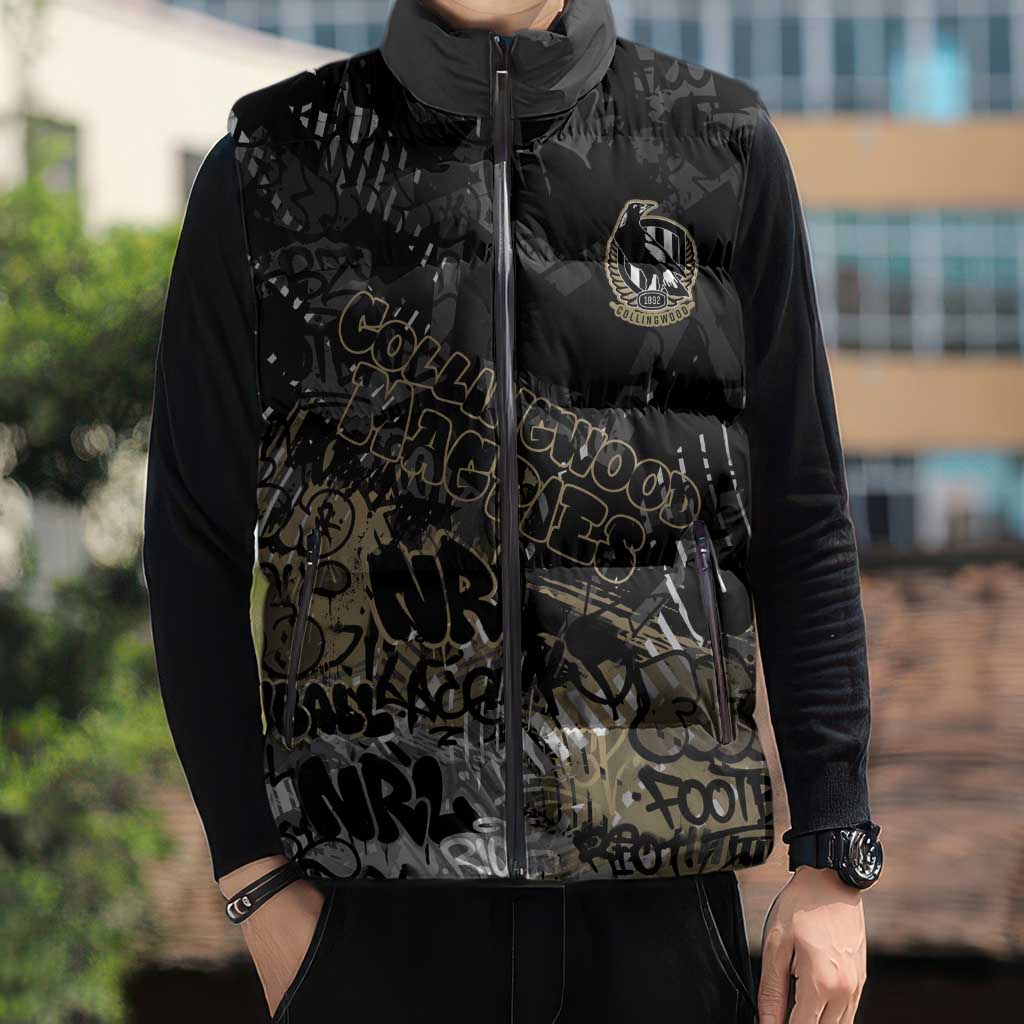 Collingwood Magpies Sleeveless Puffer Jacket Urban Graffiti Street Art - Bold Abstract Spray Paint