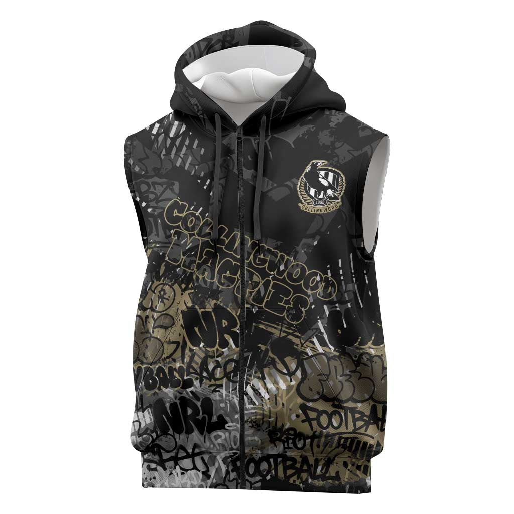 Collingwood Magpies Sleeveless Zip Hoodie Urban Graffiti Street Art - Bold Abstract Spray Paint