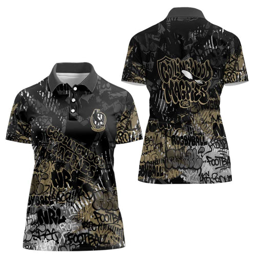 Collingwood Magpies Women Polo Shirt Urban Graffiti Street Art - Bold Abstract Spray Paint