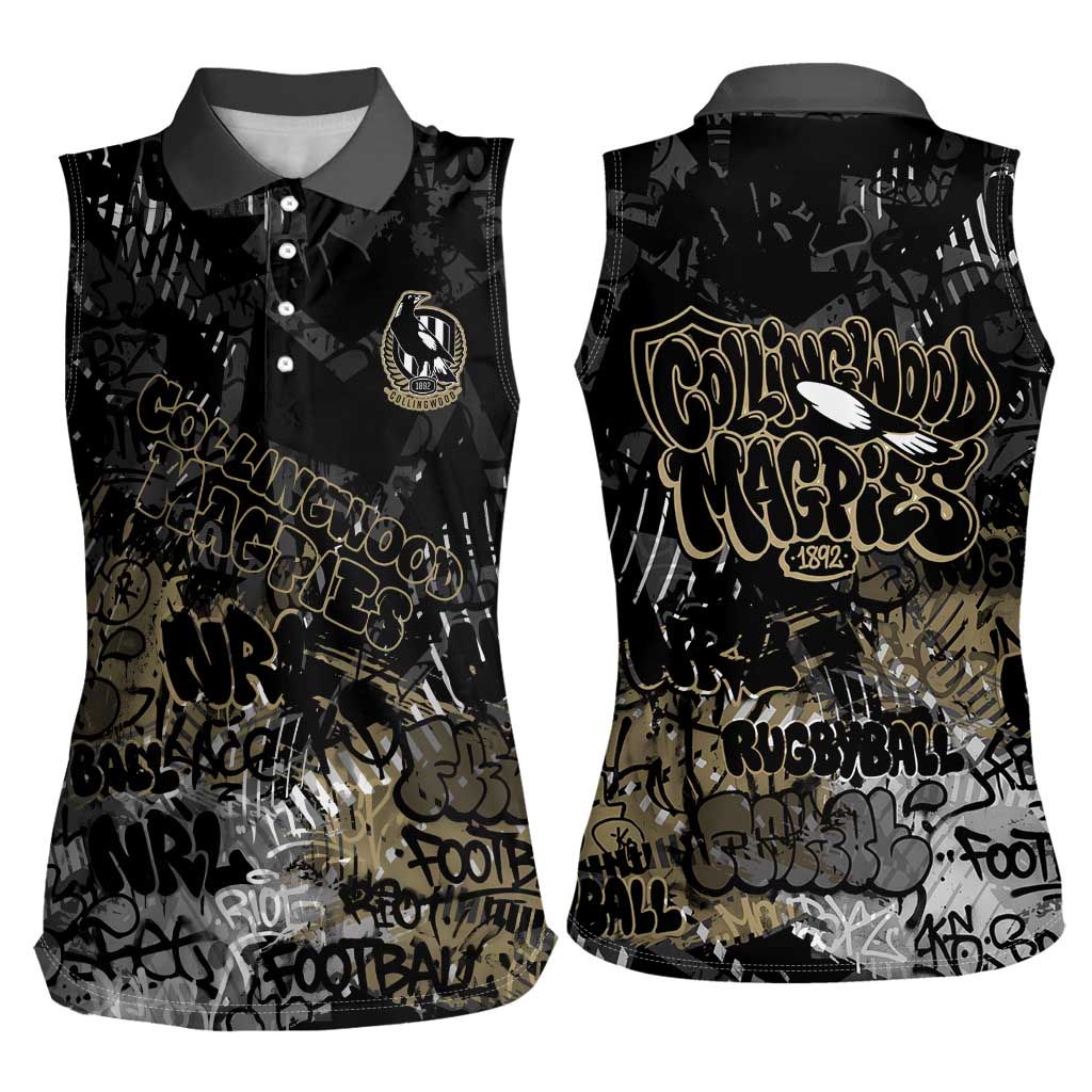 Collingwood Magpies Women Sleeveless Polo Shirt Urban Graffiti Street Art - Bold Abstract Spray Paint