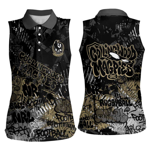 Collingwood Magpies Women Sleeveless Polo Shirt Urban Graffiti Street Art - Bold Abstract Spray Paint