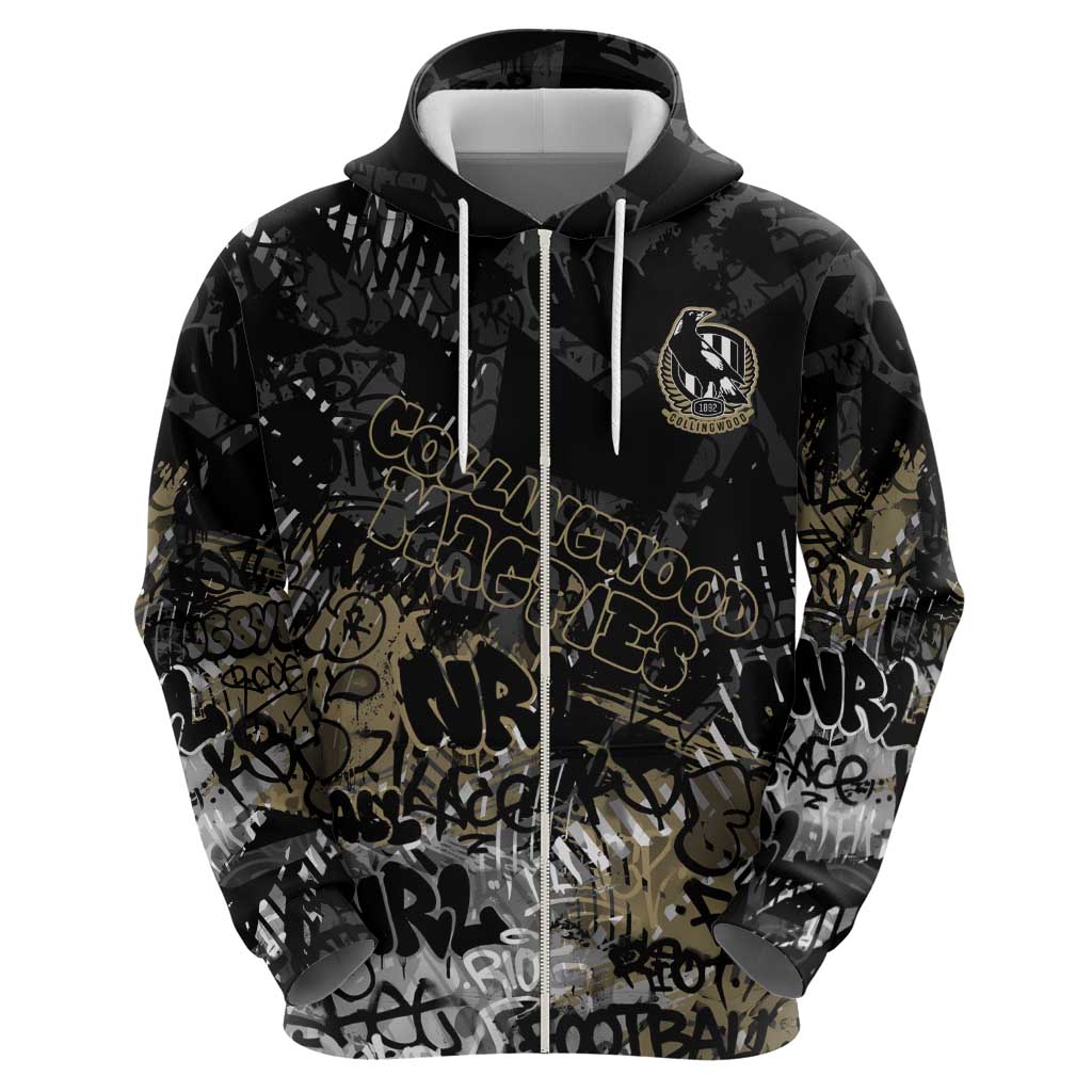 Collingwood Magpies Zip Hoodie Urban Graffiti Street Art - Bold Abstract Spray Paint